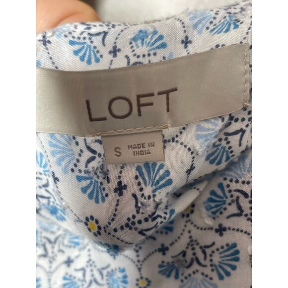 LOFT Blouse Long Sleeve Swiss Dot Ruffle Floral Cottage Size Small Blue - Picture 5 of 6